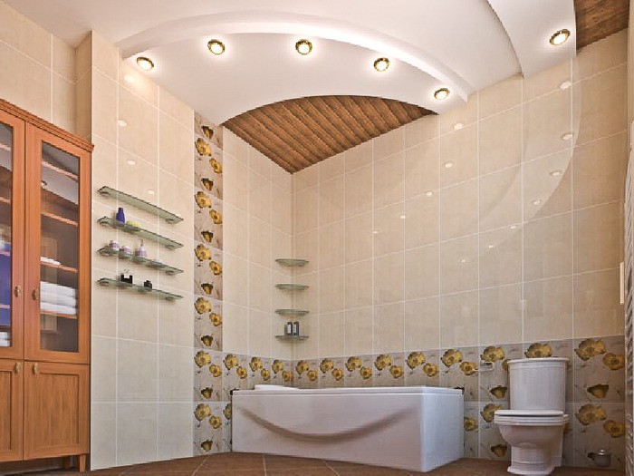 На снимке двухуровневый подвесной потолок в ванной 