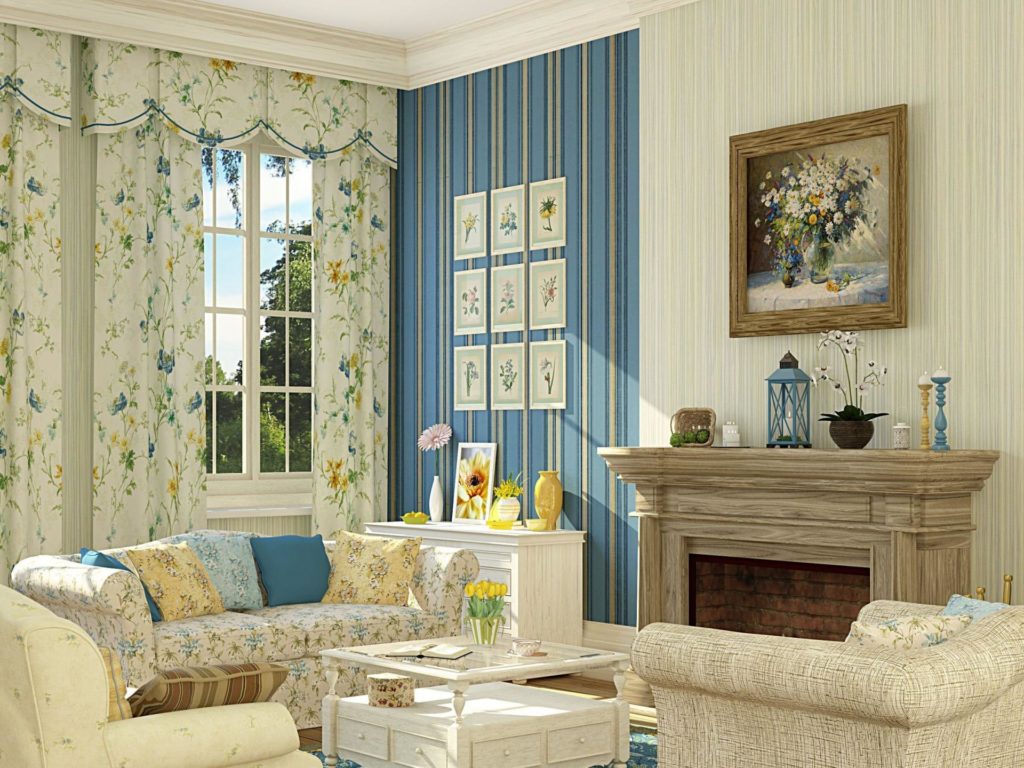 Зонирование в гостиной в стиле прованс произведено за счёт исполльзования обоев различных цветов