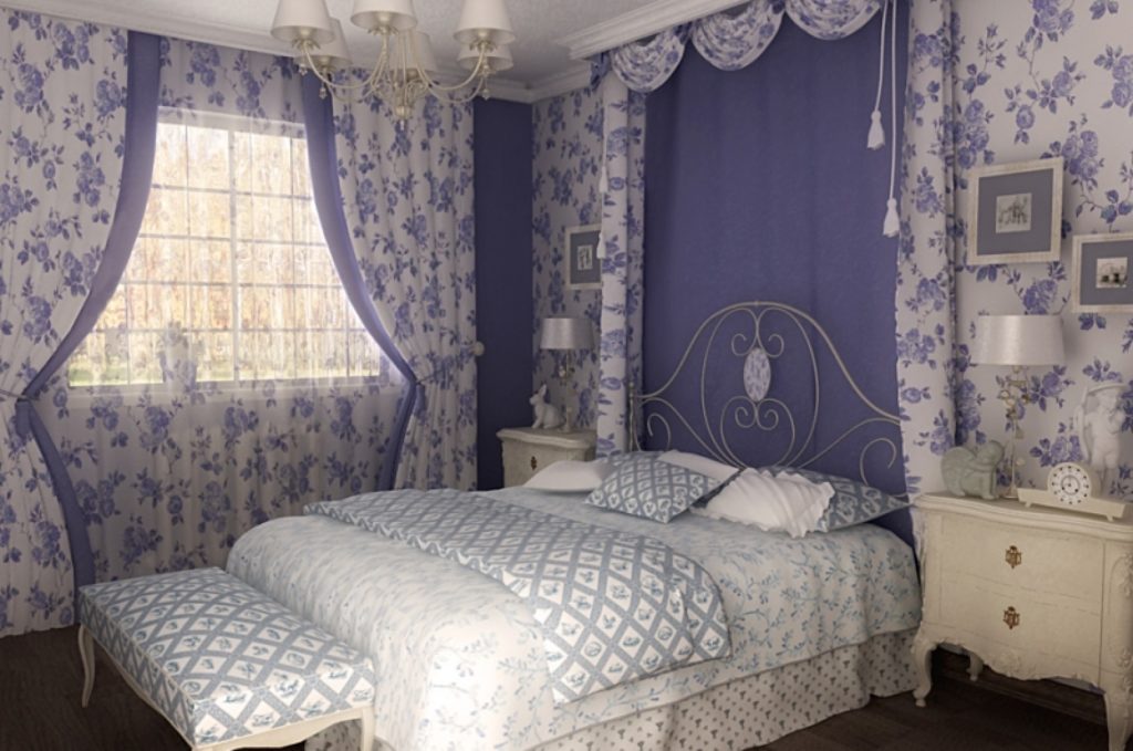 Спальня в стиле прованс в бело-голубых тонах