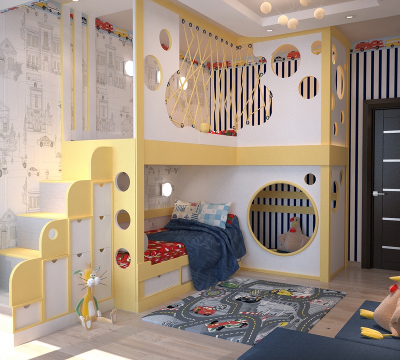 Детская комната для двух мальчиков с двухъярусной мебелью