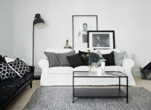 Серый ковёр в чёрно-белой гостиной