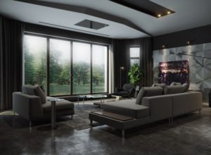 Чёрная гостиная со светлыми диваном и креслом